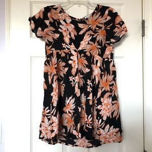 Black & Orange Tropical Flower Flowy Dress